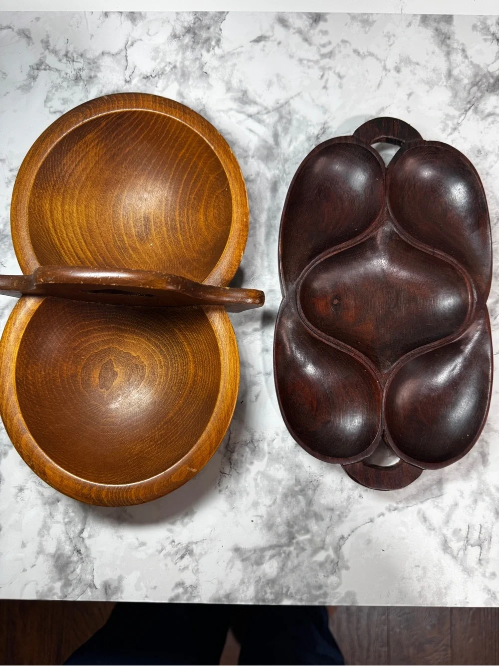 Lot of 2 Monkey Pod Light/Dark Wood Serving Bowls Tray